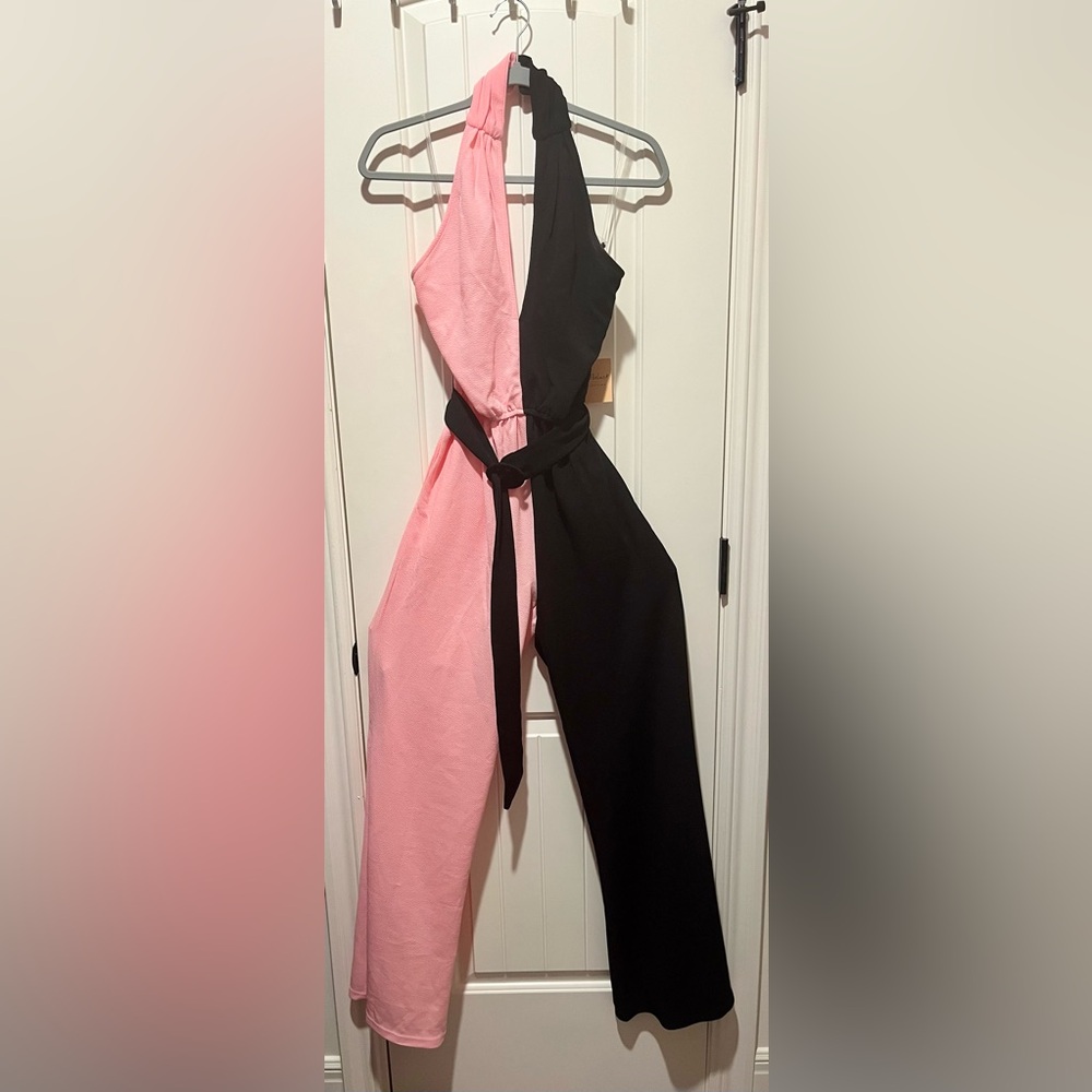 Unique Vintage 70s Inspired Pink and Black Color Block Jumpsuit